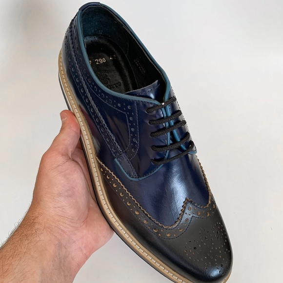 Navy Blue Wingtip Derby Leather Dress Shoe - Picture 7 of 7